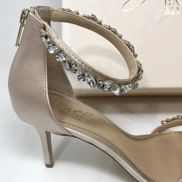 JEWEL BADGLEY MISCHKA Caroline Rhinestone Champagne Ankle Beaded Heels Size 7.5 - Picture 3 of 16
